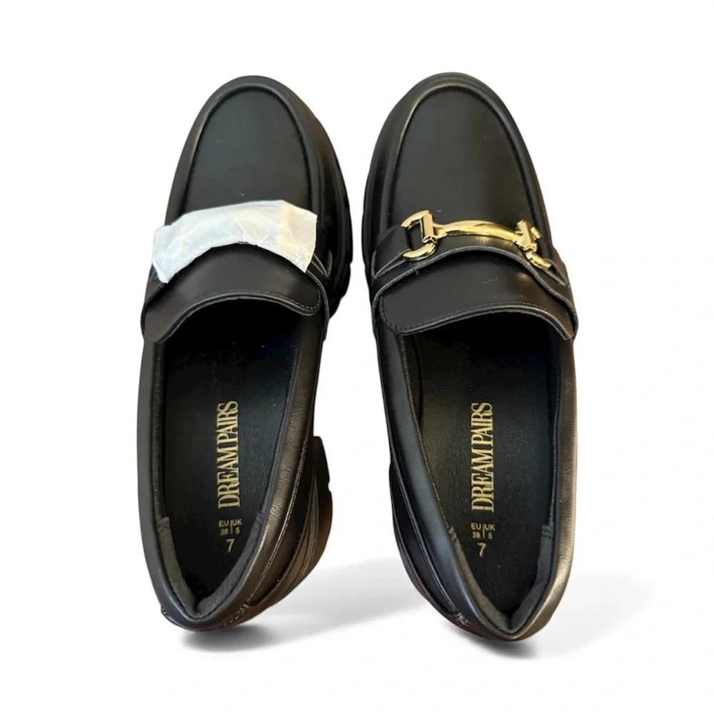 Dream Pairs Black Chunky Platform Loafers‎ Gold Chain Detail Women's Size 7 NWOB - Picture 2 of 5